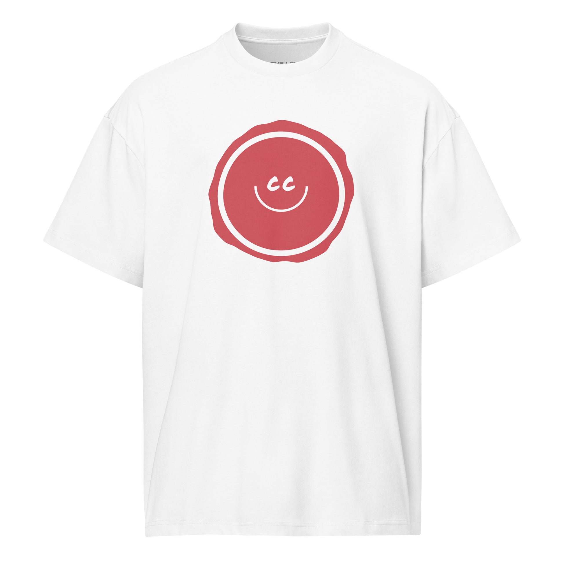 Rusty Red heavyweight white relaxed t-shirt featuring the CC smile design with an imperfect circle background.