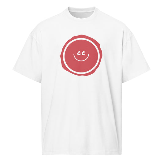 Rusty Red heavyweight white relaxed t-shirt featuring the CC smile design with an imperfect circle background.