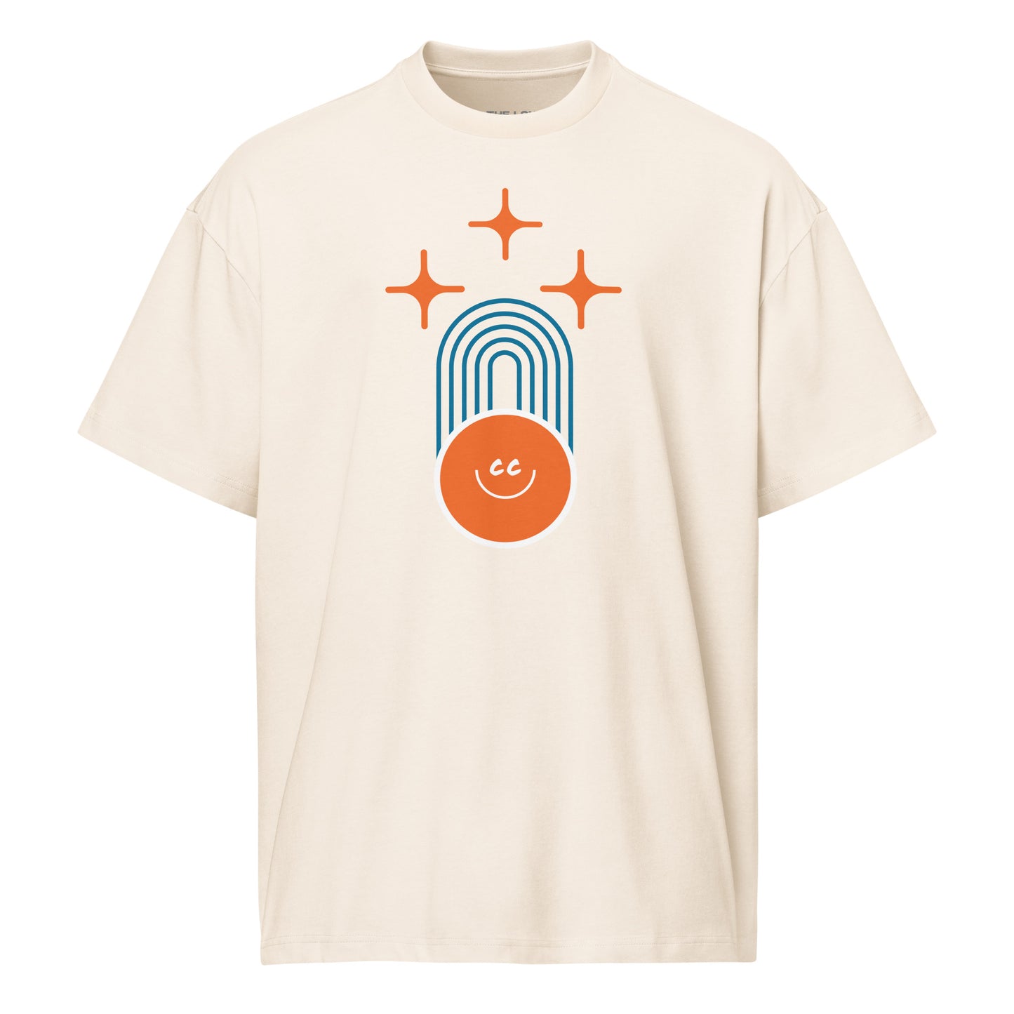 Shared Heritage tee in vintage white, featuring geometric parallel lines, stars above, and the CC smile at the base.