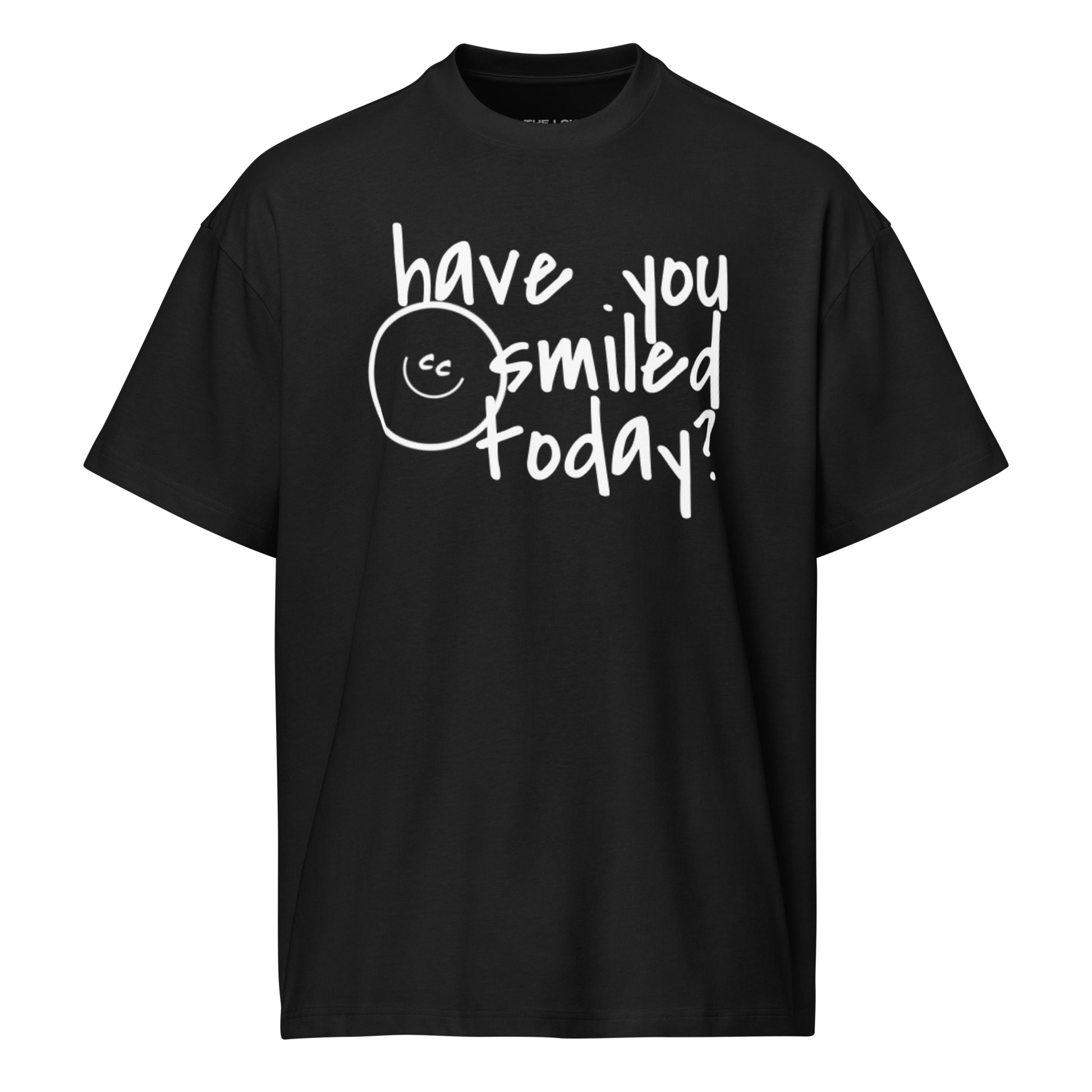 Ultimate Question black oversized tee with 'have you smiled today?' text and a tilted CC smile on the chest.