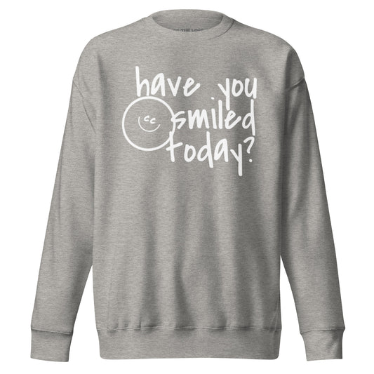 Ultimate Question carbon grey sweatshirt with 'have you smiled today?' text and a tilted CC smile on the chest.