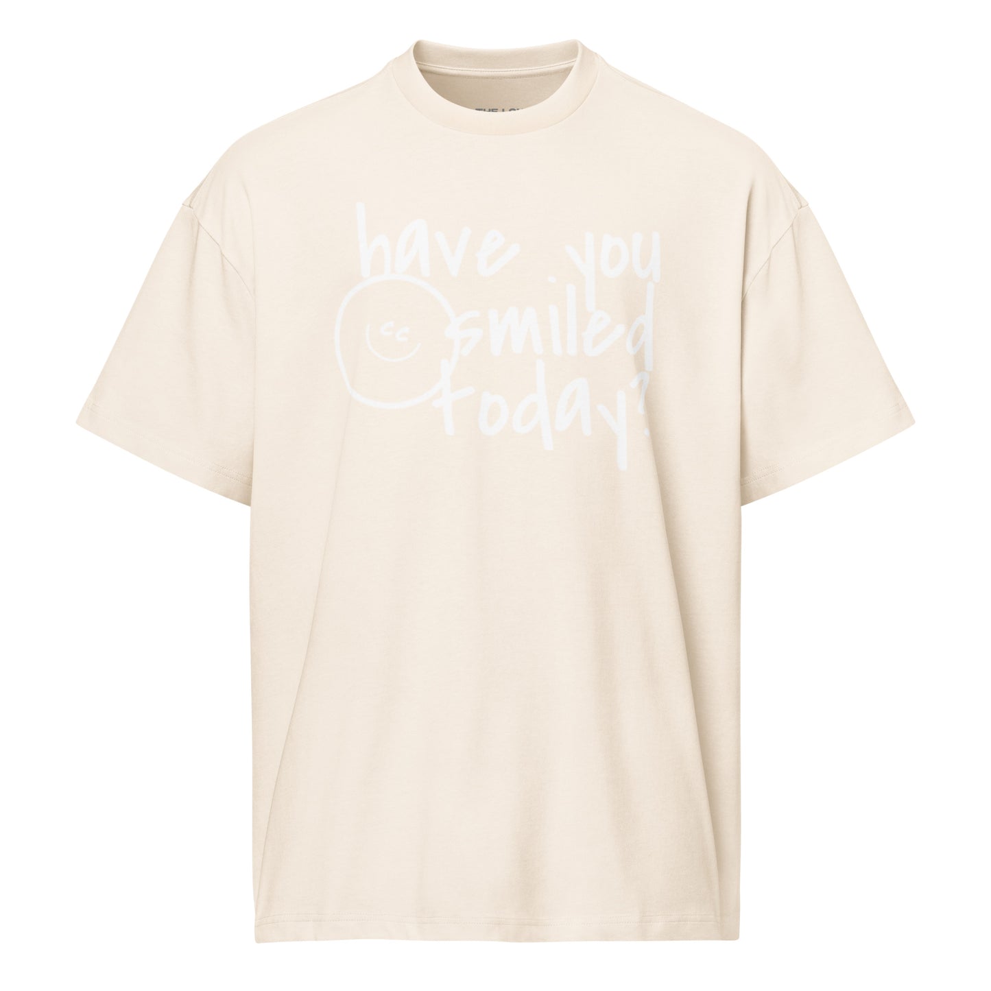 Ultimate Question vintage white oversized tee with 'have you smiled today?' text and a tilted CC smile on the chest.