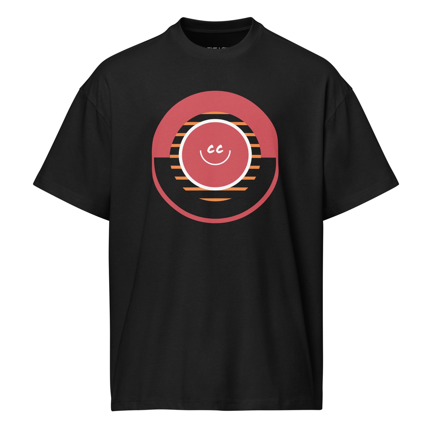 Vallarta Sunset black relaxed tee featuring a geometric design inspired by a sunset over the horizon with the CC smile overlay.