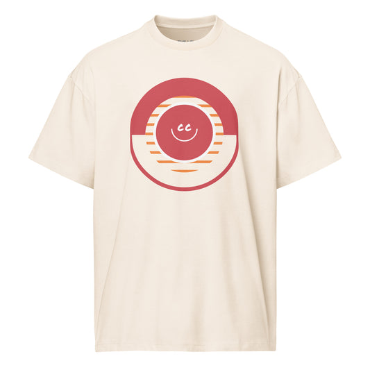 Vallarta Sunset vintage white relaxed tee featuring a geometric design inspired by a sunset over the horizon with the CC smile overlay.