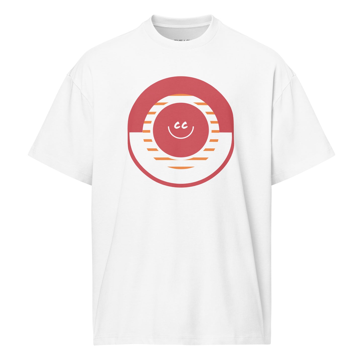 Vallarta Sunset white relaxed tee featuring a geometric design inspired by a sunset over the horizon with the CC smile overlay.