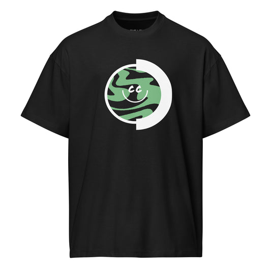 World Planet black oversized t-shirt featuring a stylized planet graphic with squiggly lines and the signature CC smile.