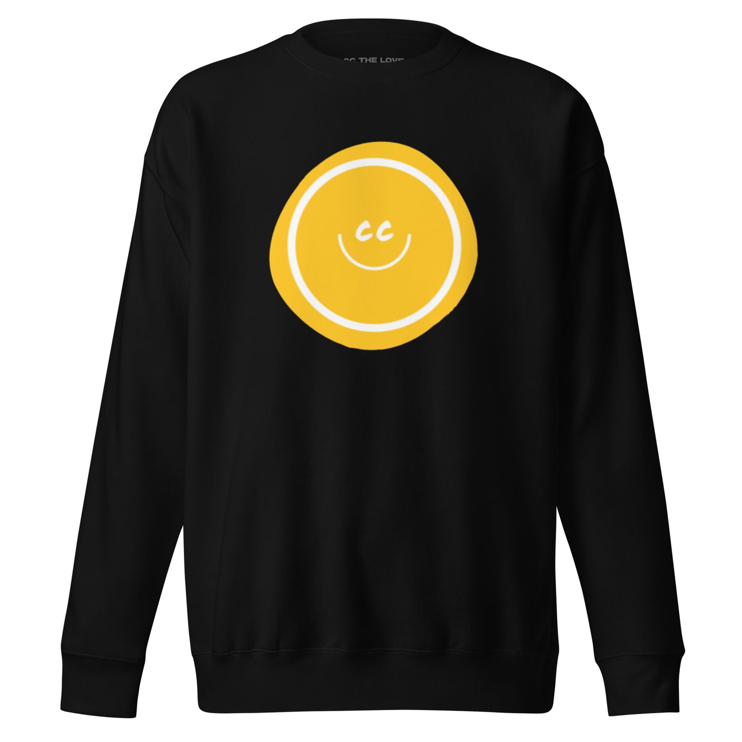 Yellow Hello premium heavyweight black sweatshirt featuring an artistic wonky yellow circle behind the CC smile.