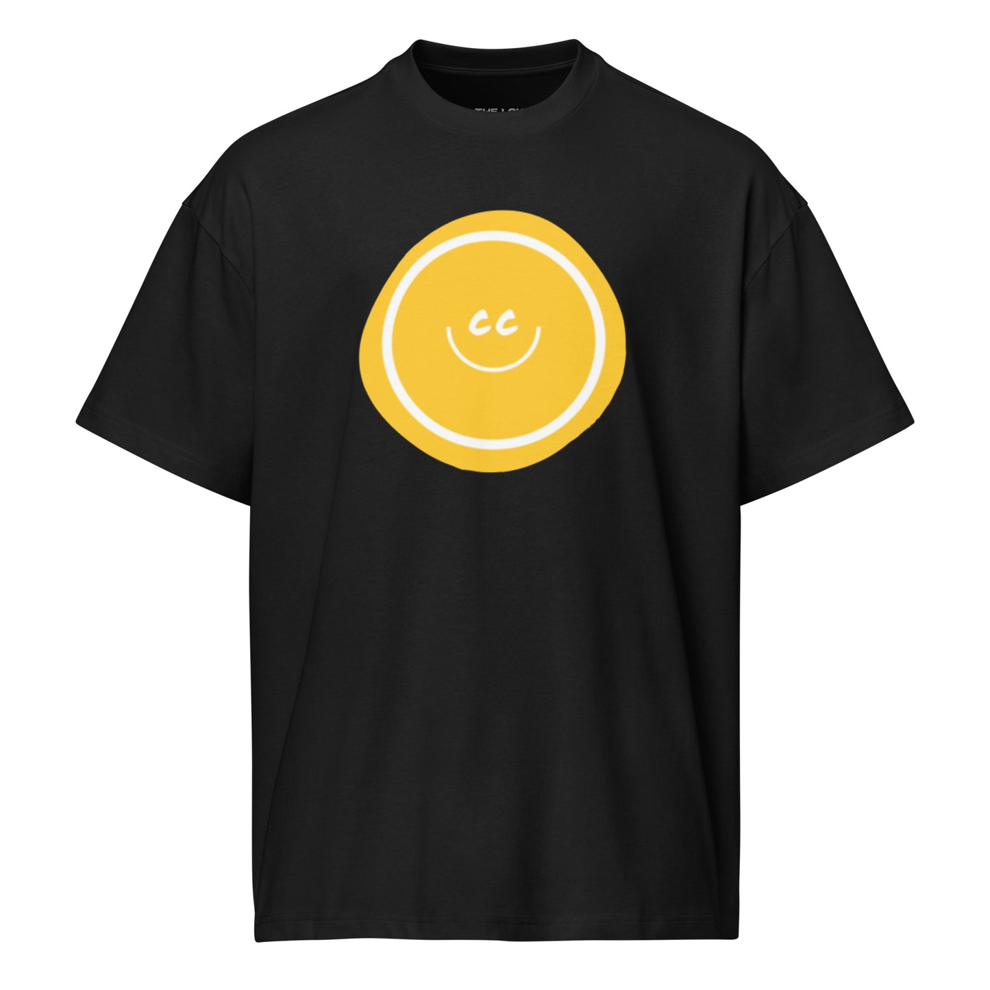 Yellow Hello heavyweight black oversized tee featuring an artistic wonky yellow circle behind the CC smile.