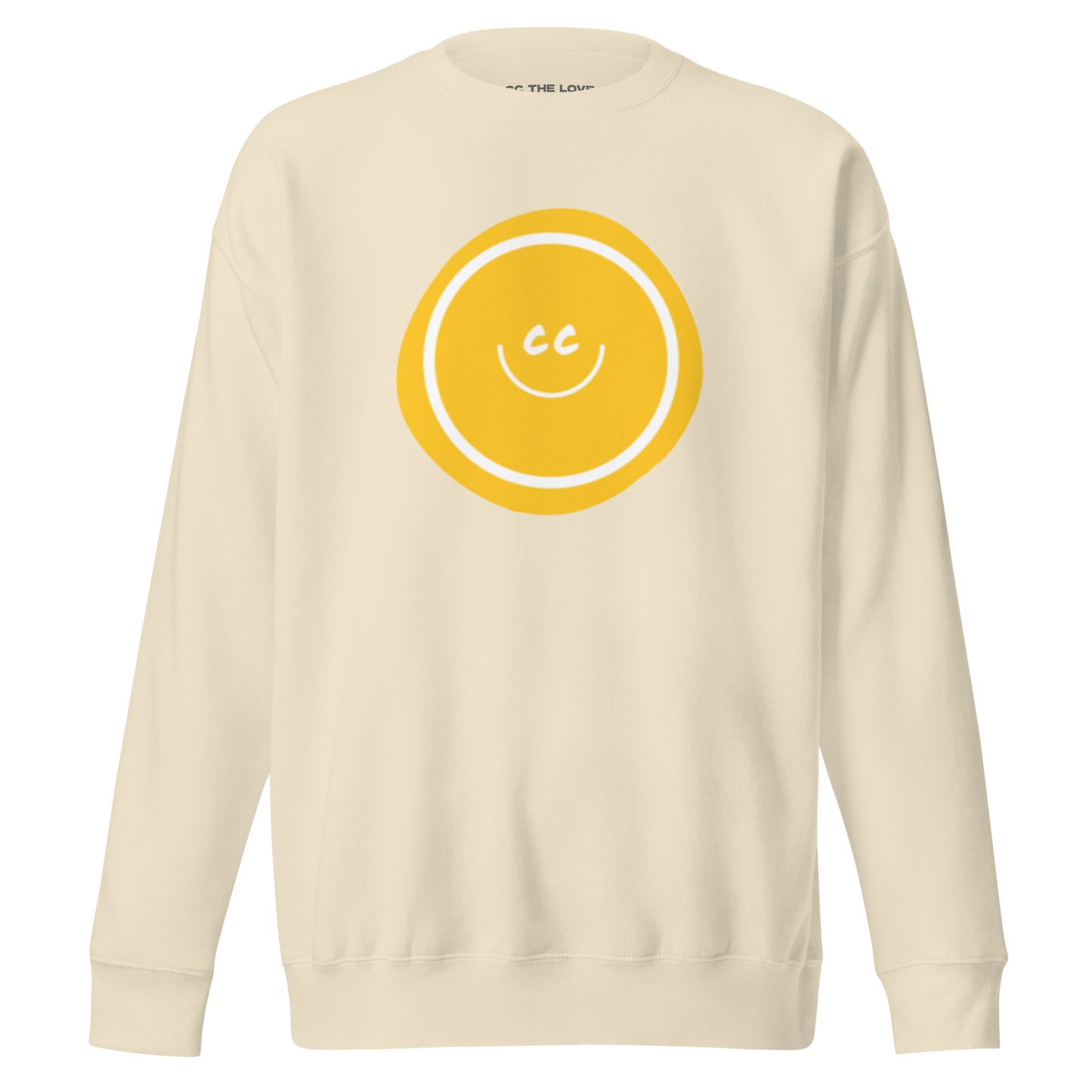 Yellow Hello premium heavyweight bone sweatshirt featuring an artistic wonky yellow circle behind the CC smile.