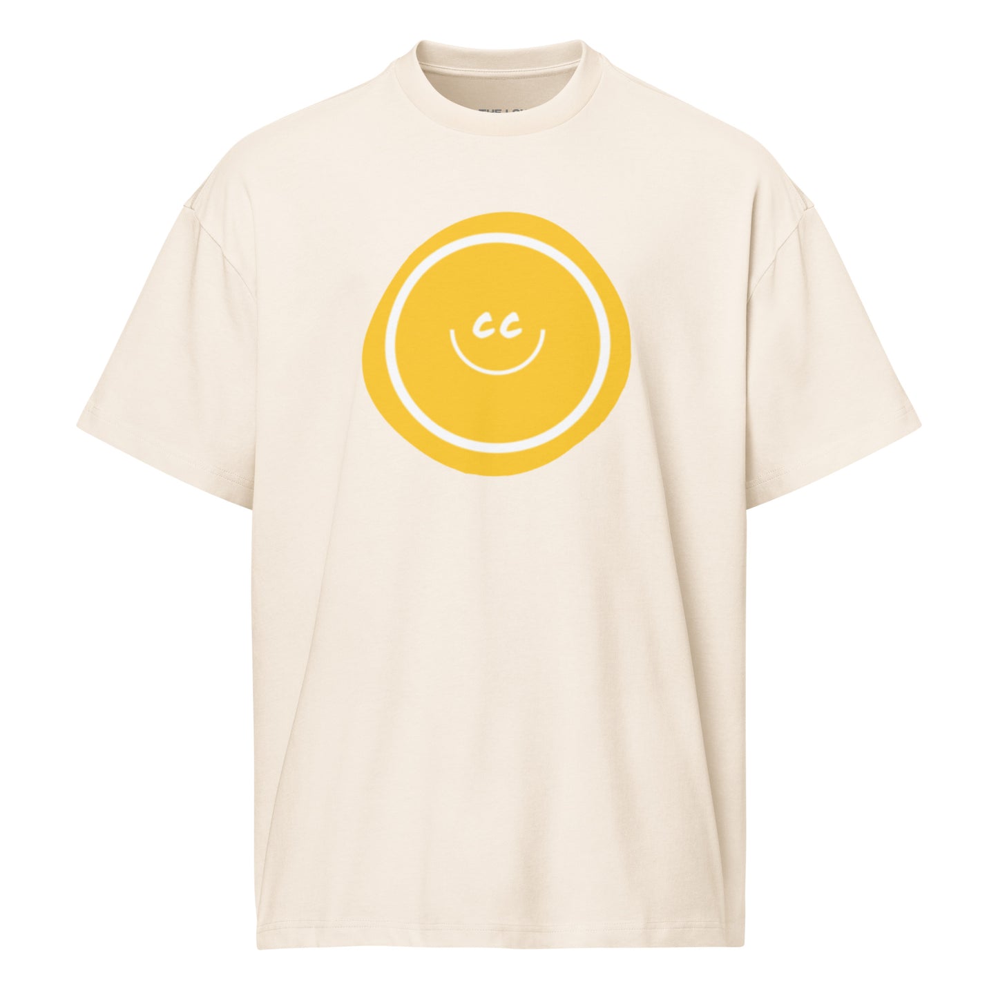Yellow Hello heavyweight vintage white oversized tee featuring an artistic wonky yellow circle behind the CC smile.