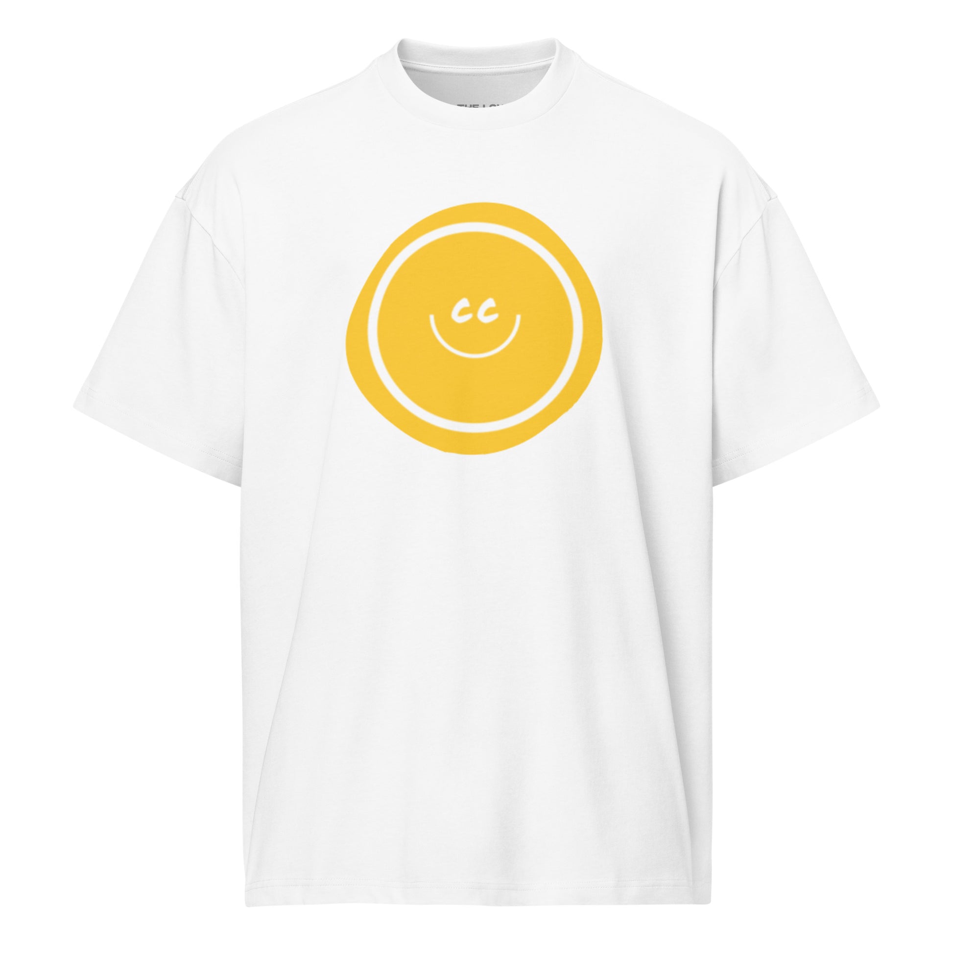 Yellow Hello heavyweight white oversized tee featuring an artistic wonky yellow circle behind the CC smile.