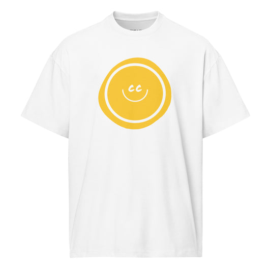 Yellow Hello heavyweight white oversized tee featuring an artistic wonky yellow circle behind the CC smile.