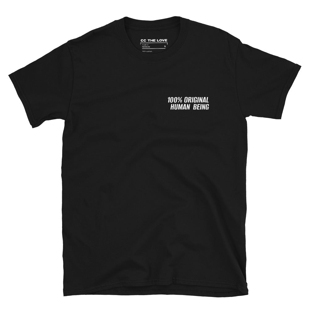 Black t-shirt with '100% Original Human Being' in white text