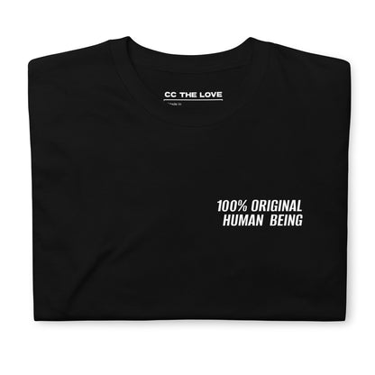 Black t-shirt with '100% Original Human Being' in white text