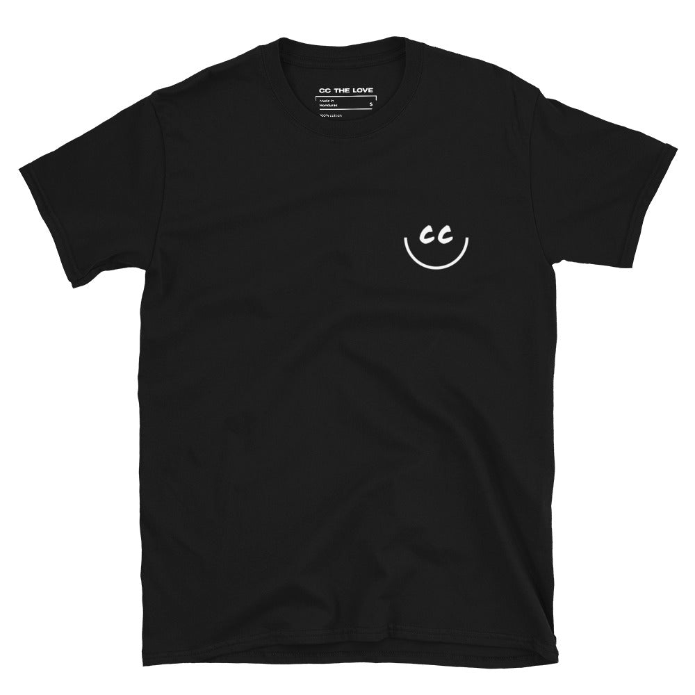 Black t-shirt with Smile Icon in white, minimalist design on chest.