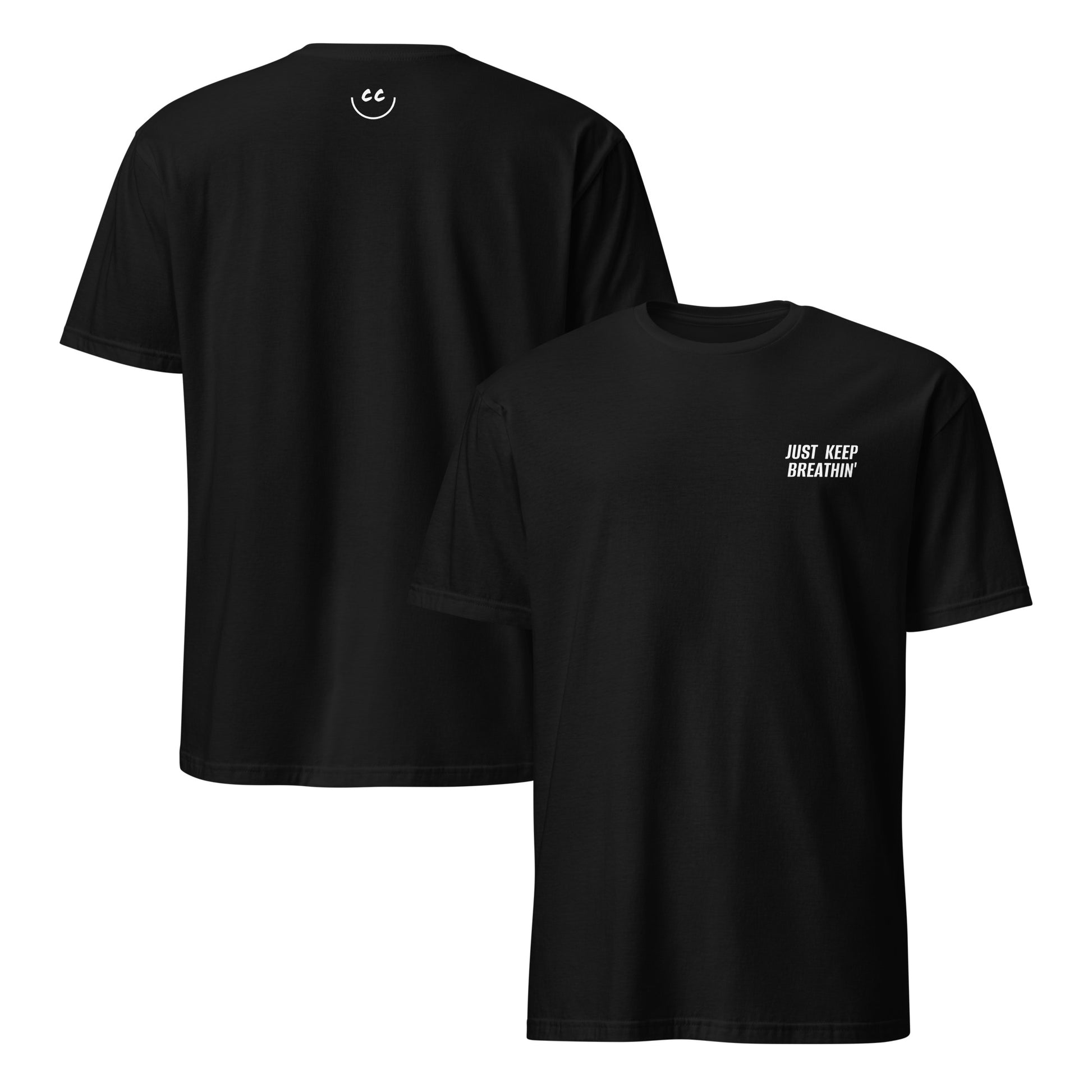 Black t-shirt with 'Just Keep Breathin'' in white text, minimalist design on chest and smile icon on back