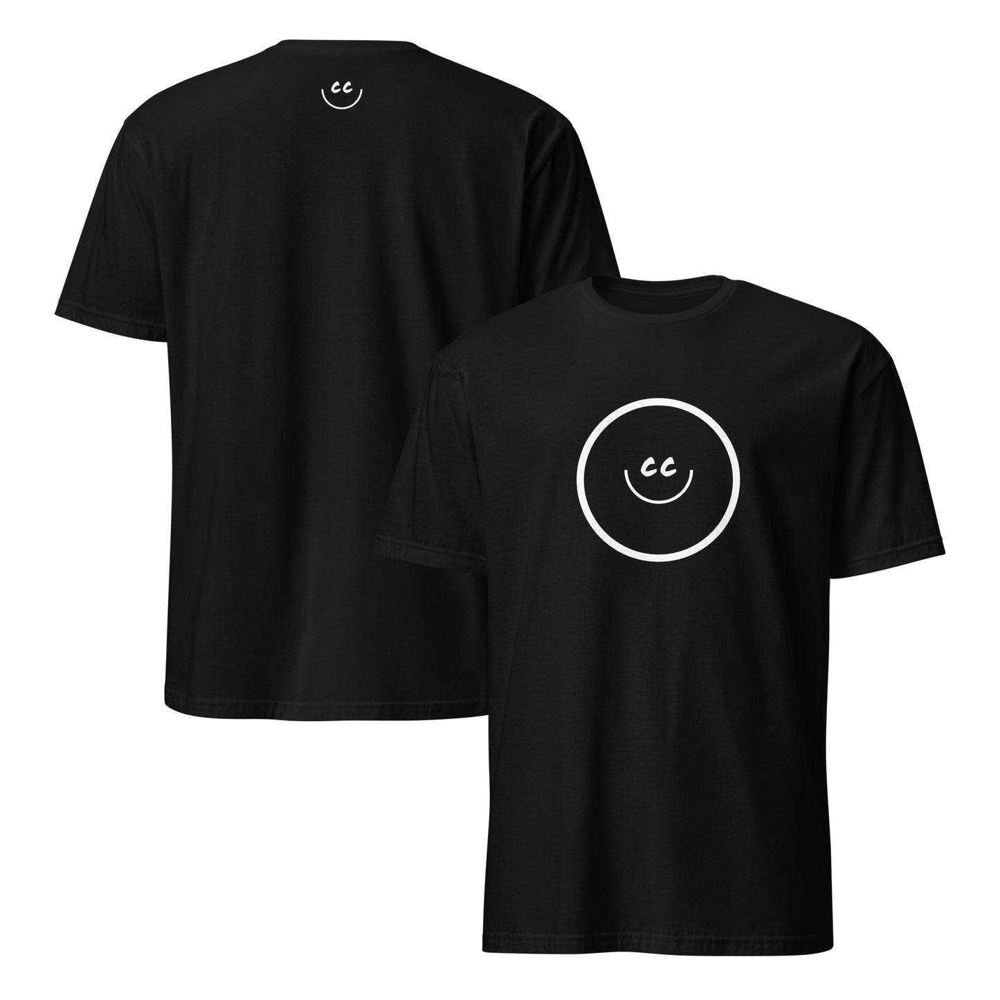 Black t-shirt with Smile Icon in white, minimalist design in the middle. Smile Icon on the back.