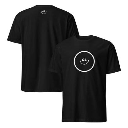 Black t-shirt with Smile Icon in white, minimalist design in the middle. Smile Icon on the back.