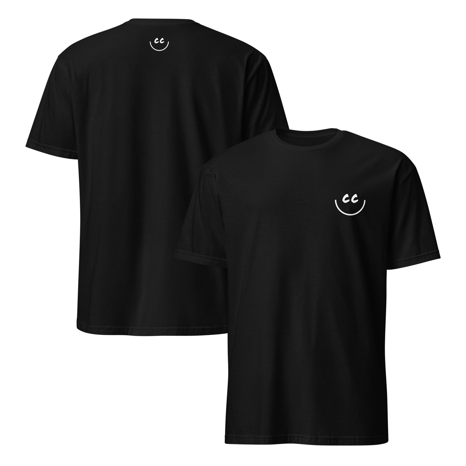 Black t-shirt with Smile Icon in white, minimalist design on chest and back