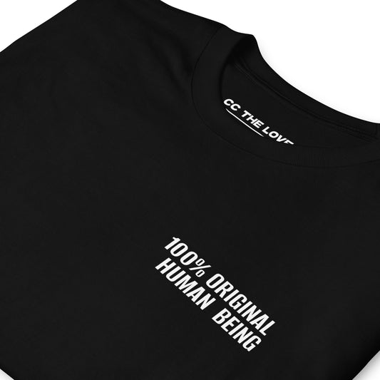 Black t-shirt with '100% Original Human Being' in white text
