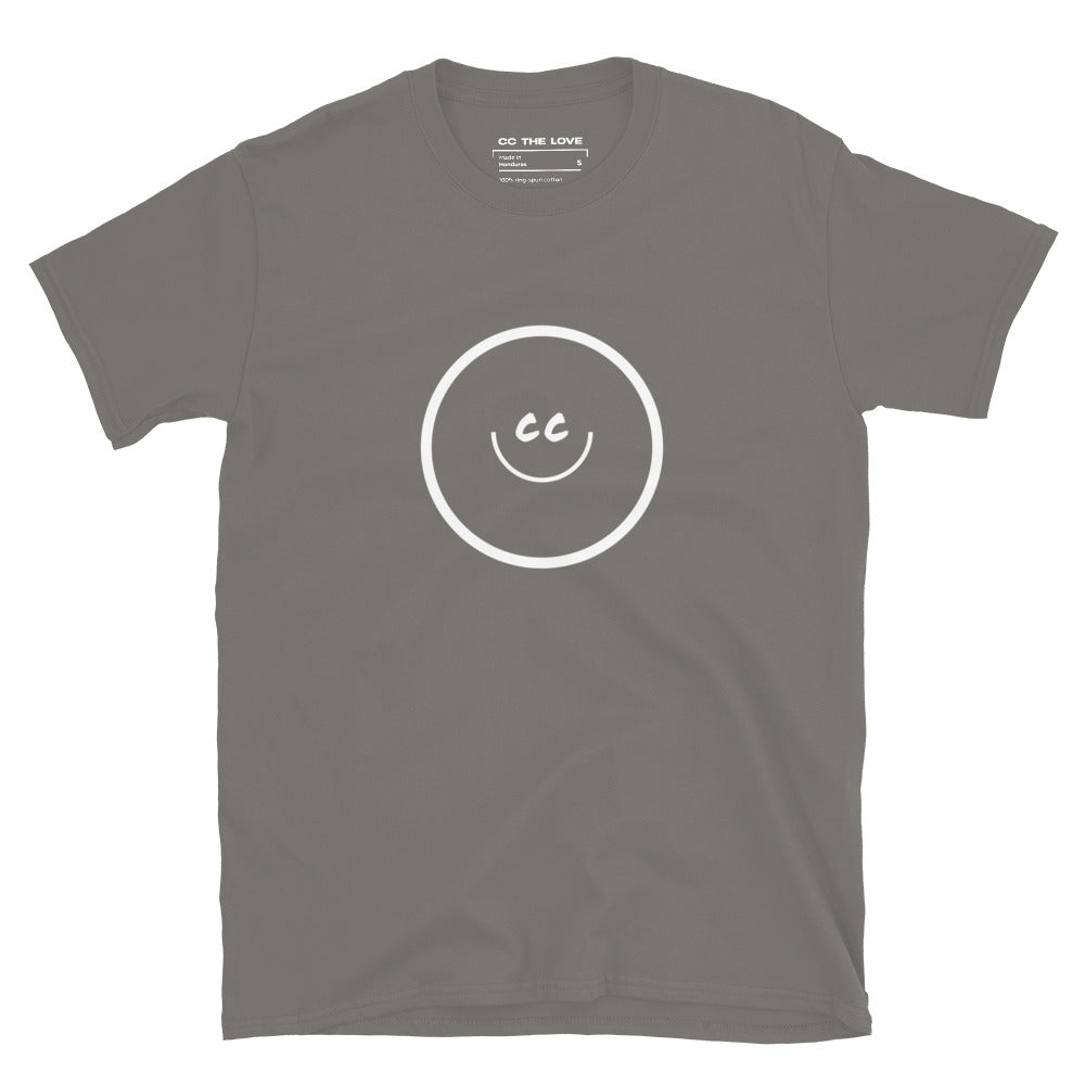 Charcoal t-shirt with Smile Icon in white, minimalist design in the middle.