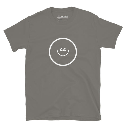 Charcoal t-shirt with Smile Icon in white, minimalist design in the middle.