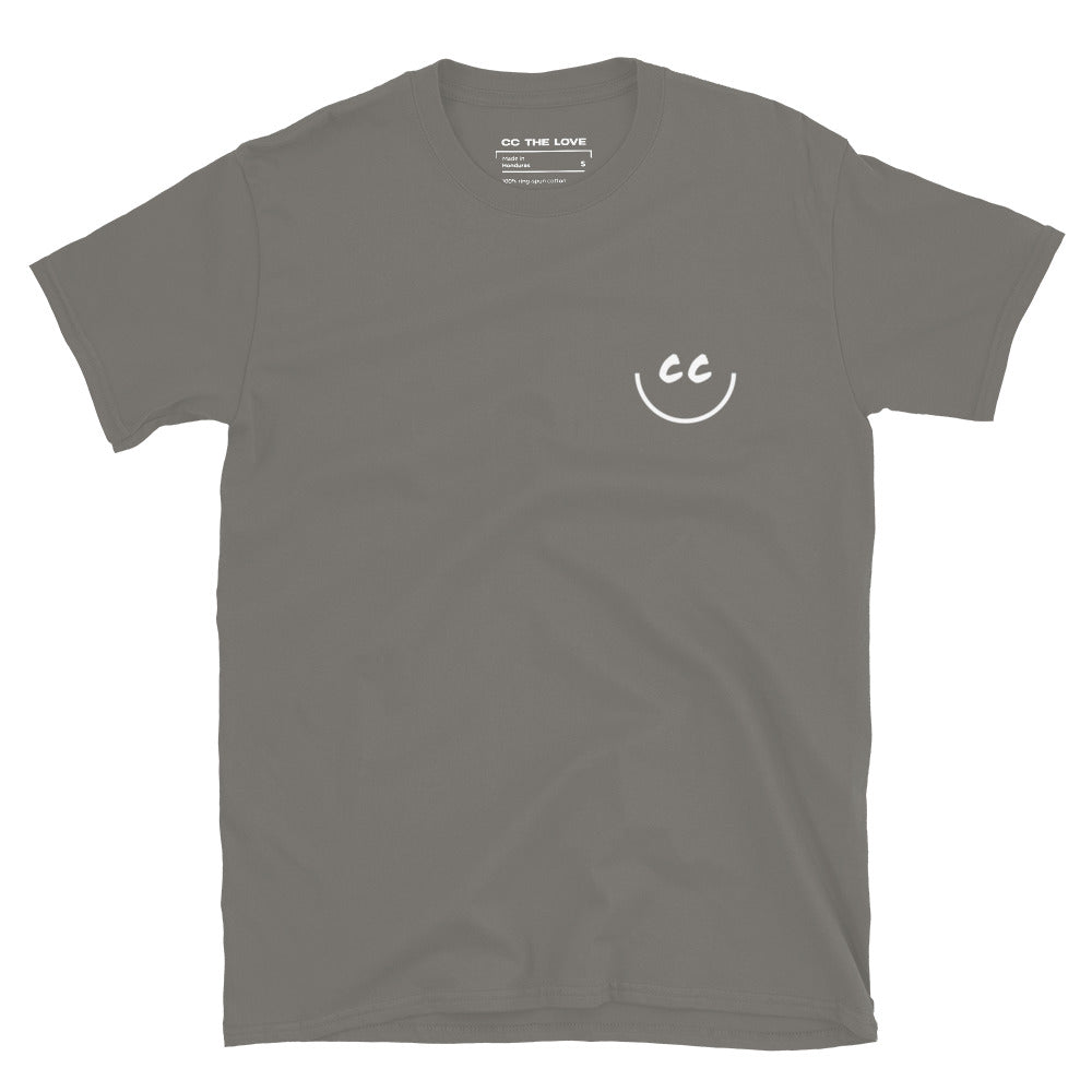 Charcoal t-shirt with Smile Icon in white, minimalist design on chest.