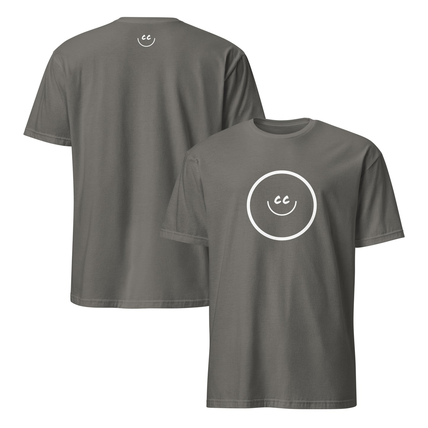 Charcoal t-shirt with Smile Icon in white, minimalist design in the middle. Smile Icon on the back.