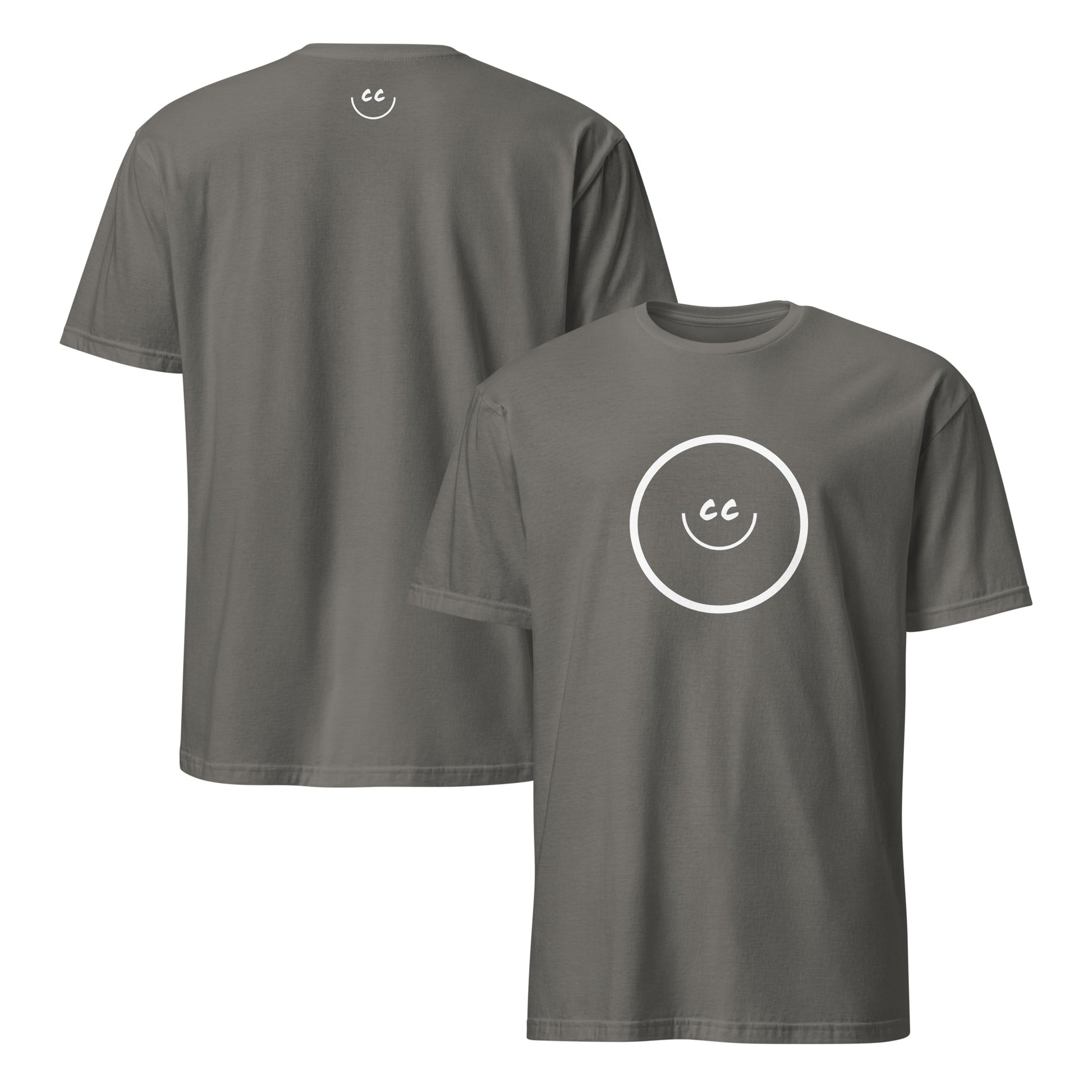 Charcoal t-shirt with Smile Icon in white, minimalist design in the middle. Smile Icon on the back.