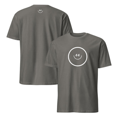 Charcoal t-shirt with Smile Icon in white, minimalist design in the middle. Smile Icon on the back.