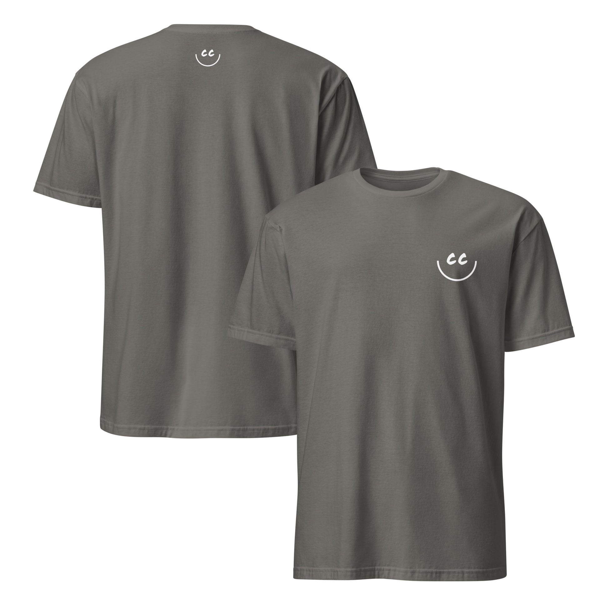 Charcoal t-shirt with Smile Icon in white, minimalist design on chest and back