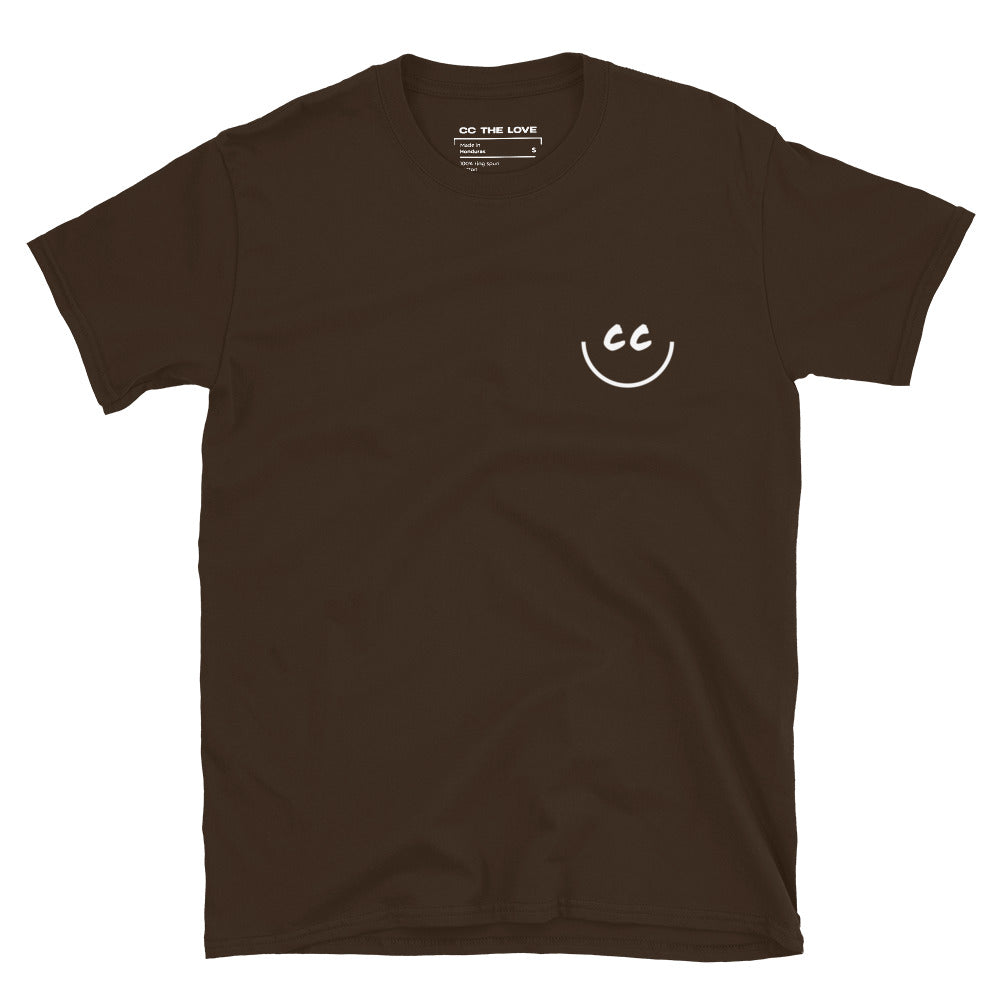 Dark Chocolate t-shirt with Smile Icon in white, minimalist design on chest.