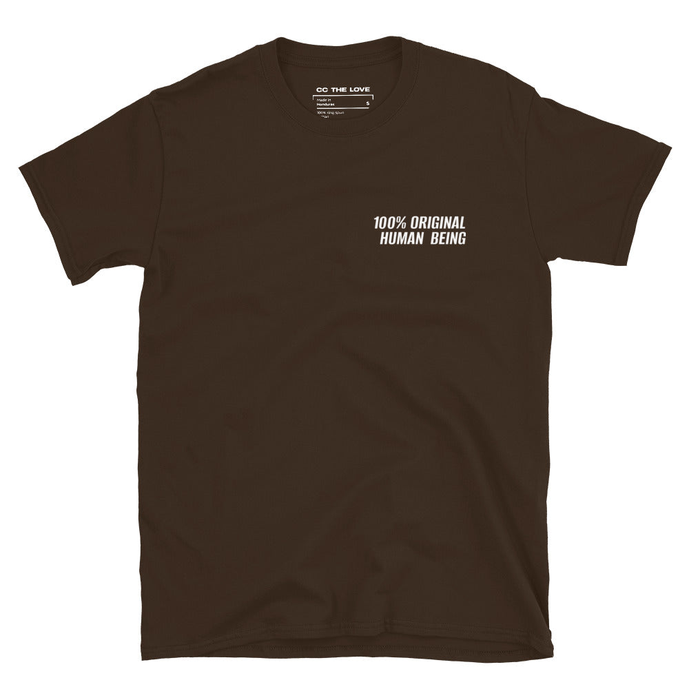 Dark Chocolate t-shirt with '100% Original Human Being' in white text, minimalist design on chest.