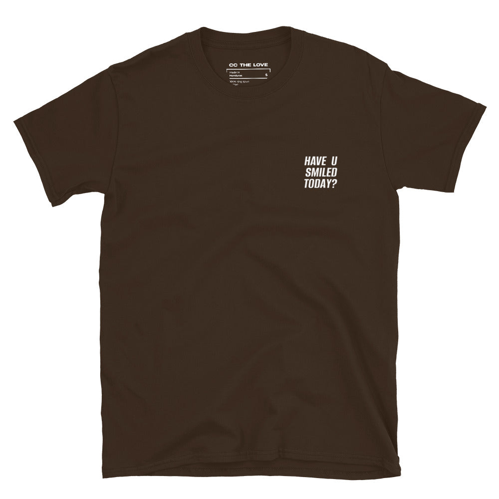 Dark Chocolate t-shirt with 'Have U Smiled Today?' in white text, minimalist design on chest.