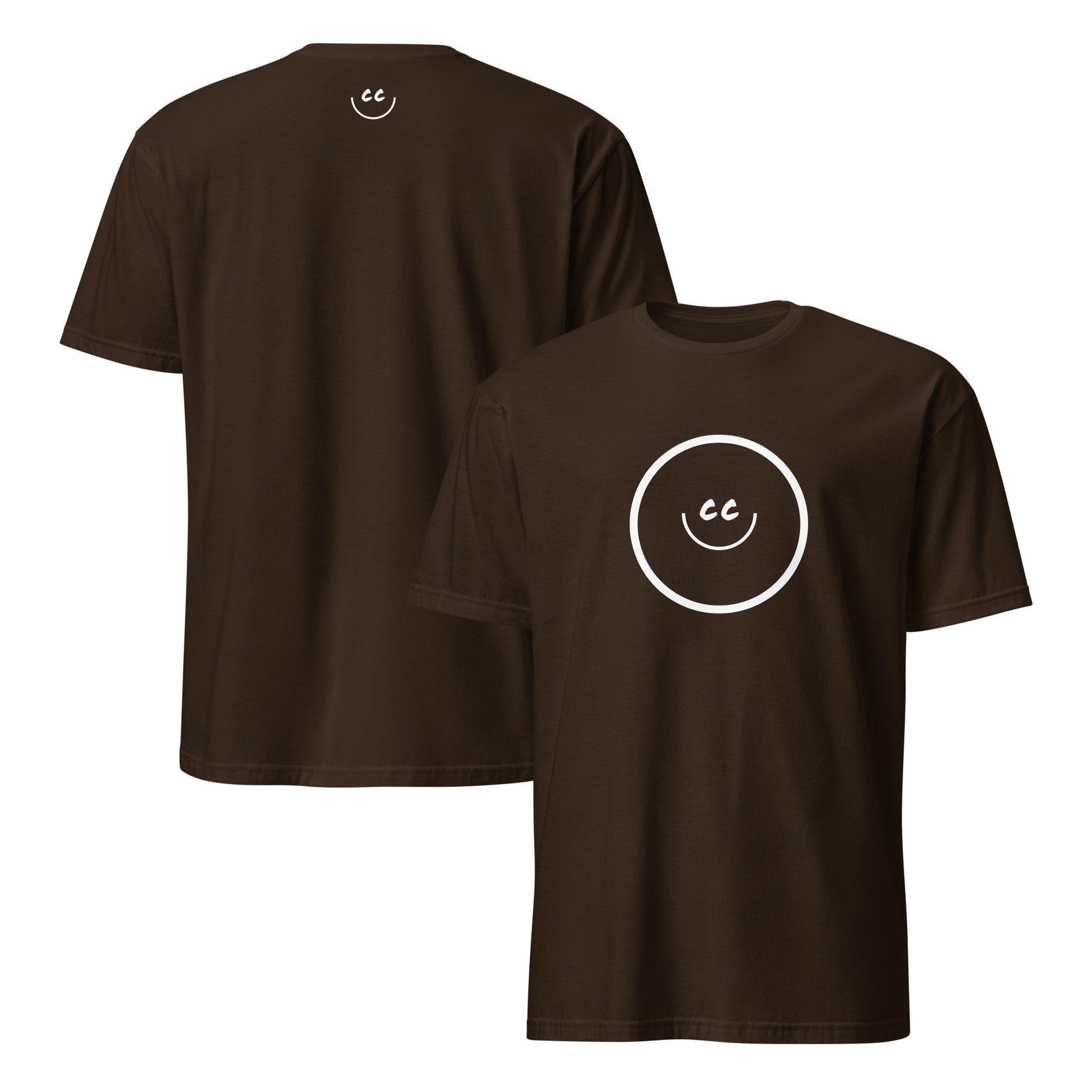 Dark Chocolate t-shirt with Smile Icon in white, minimalist design in the middle. Smile Icon on the back.