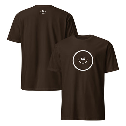 Dark Chocolate t-shirt with Smile Icon in white, minimalist design in the middle. Smile Icon on the back.