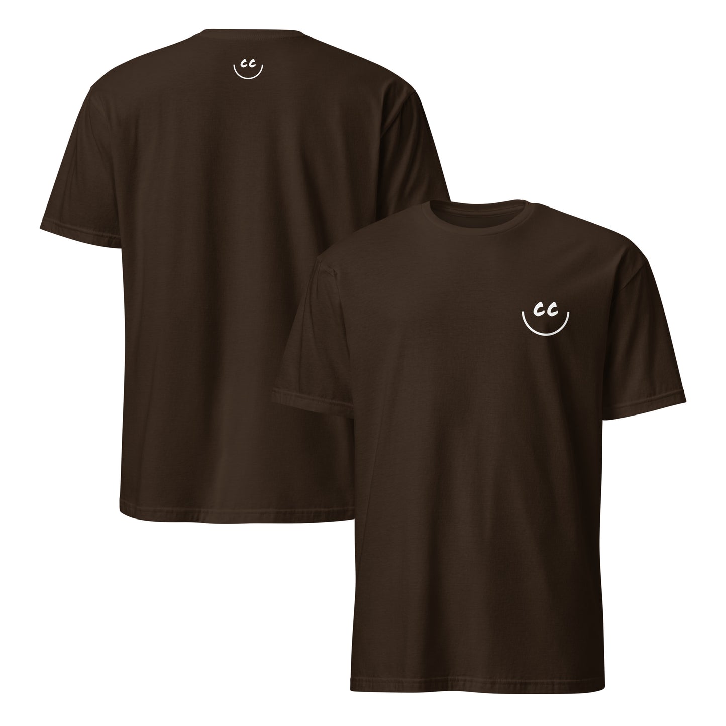 Dark Chocolate t-shirt with Smile Icon in white, minimalist design on chest and back