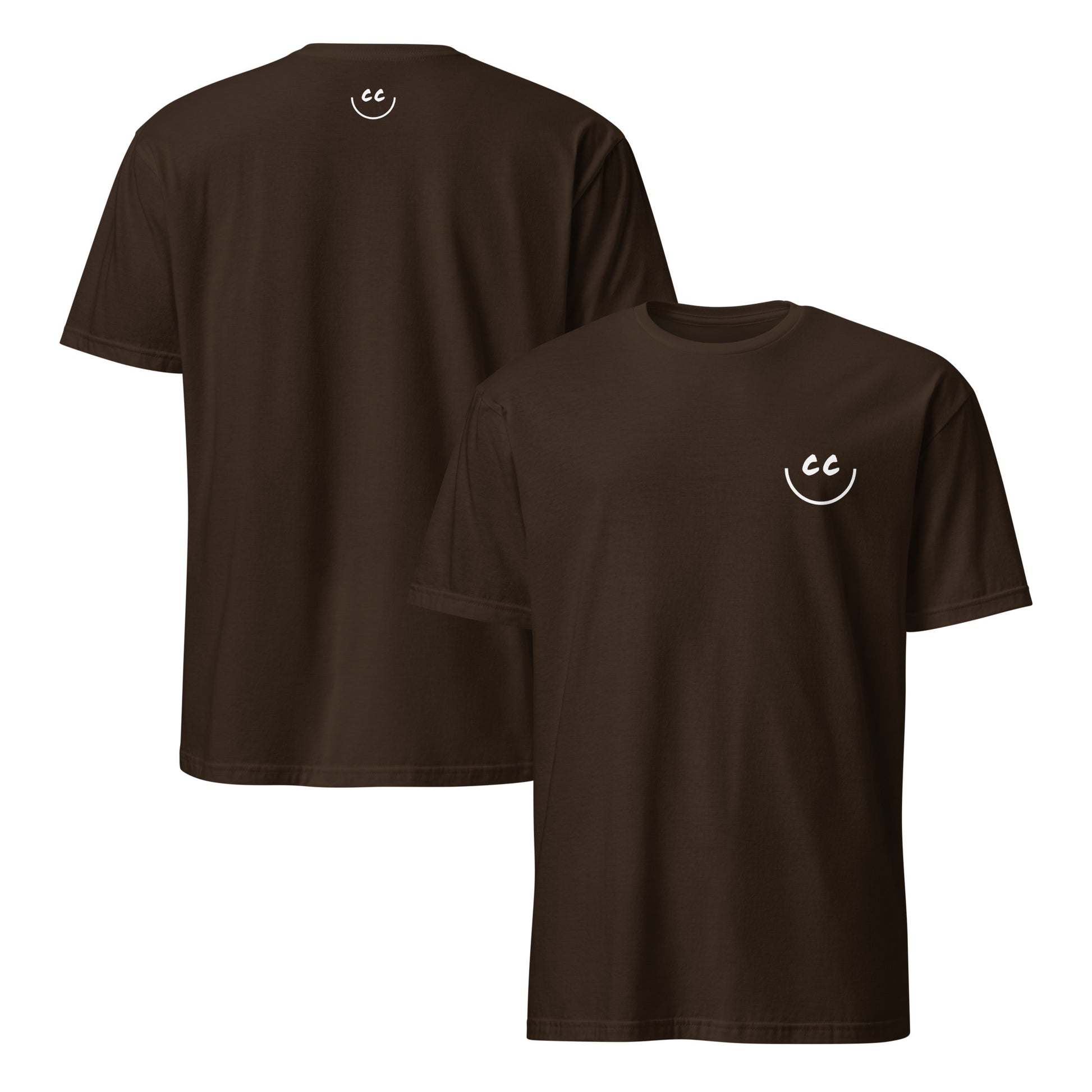 Dark Chocolate t-shirt with Smile Icon in white, minimalist design on chest and back