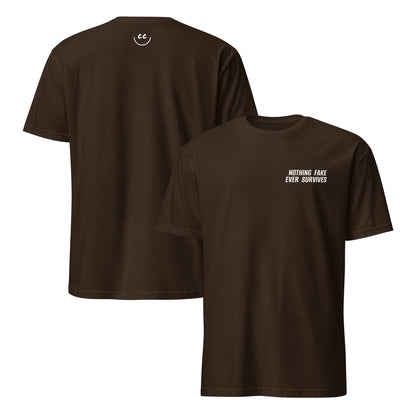Dark Chocolate t-shirt with 'Nothing Fake Ever Survives' in white text, minimalist design on chest. Smile Icon on back.
