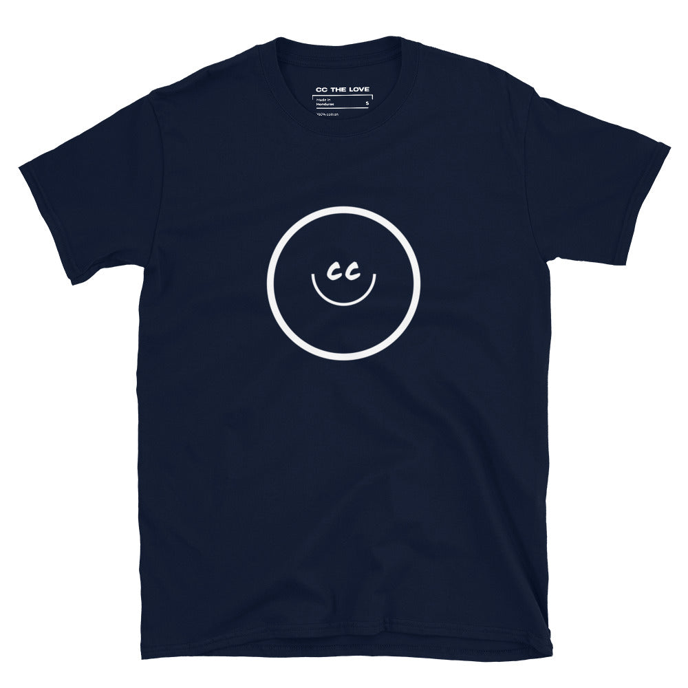 Navy t-shirt with Smile Icon in white, minimalist design in the middle.
