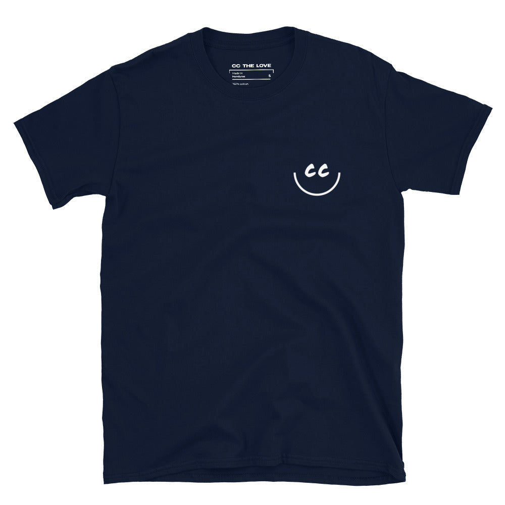Navy t-shirt with Smile Icon in white, minimalist design on chest.
