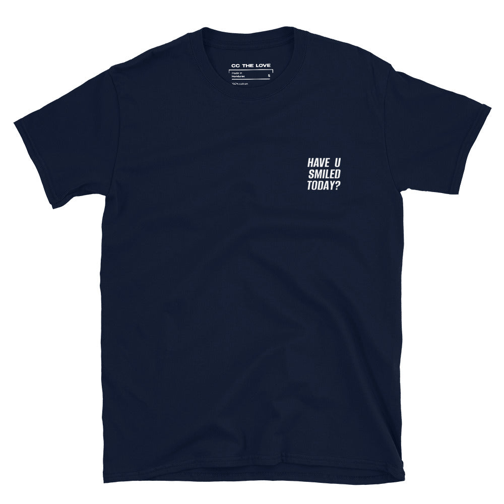 Navy t-shirt with 'Have U Smiled Today?' in white text, minimalist design on chest.