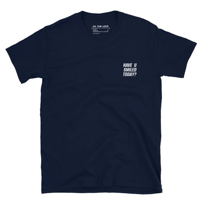 Navy t-shirt with 'Have U Smiled Today?' in white text, minimalist design on chest.