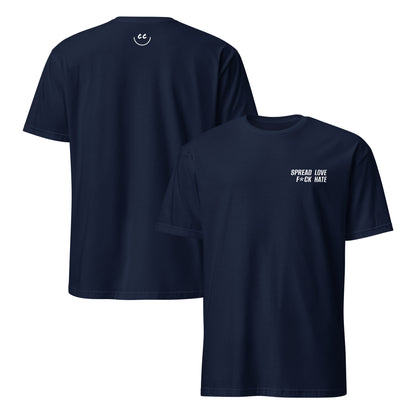 Navy t-shirt with 'Spread Love. F*ck Hate' in white text, minimalist design on chest. Smile Icon on back.