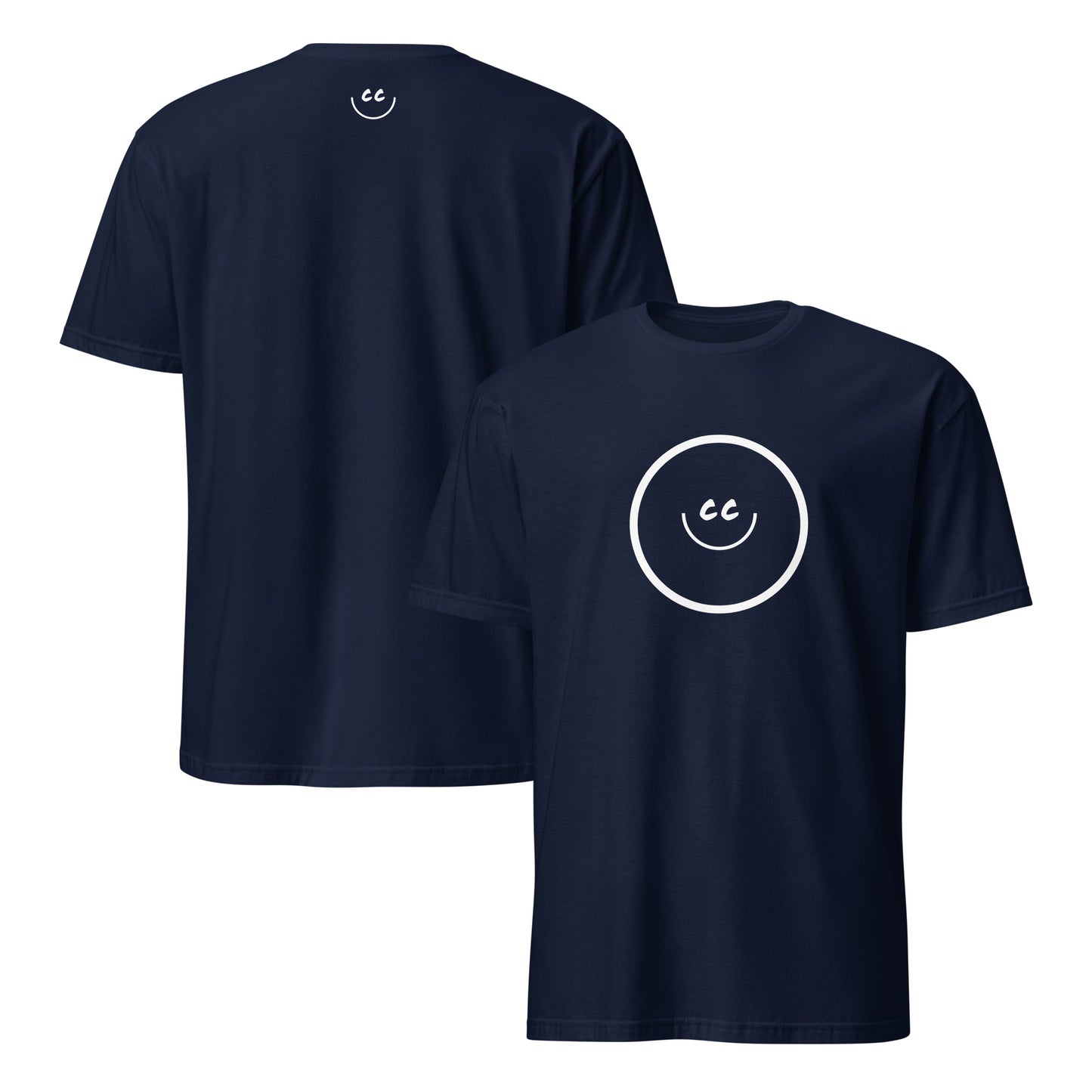 Navy t-shirt with Smile Icon in white, minimalist design in the middle. Smile Icon on the back.