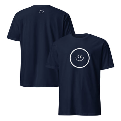 Navy t-shirt with Smile Icon in white, minimalist design in the middle. Smile Icon on the back.
