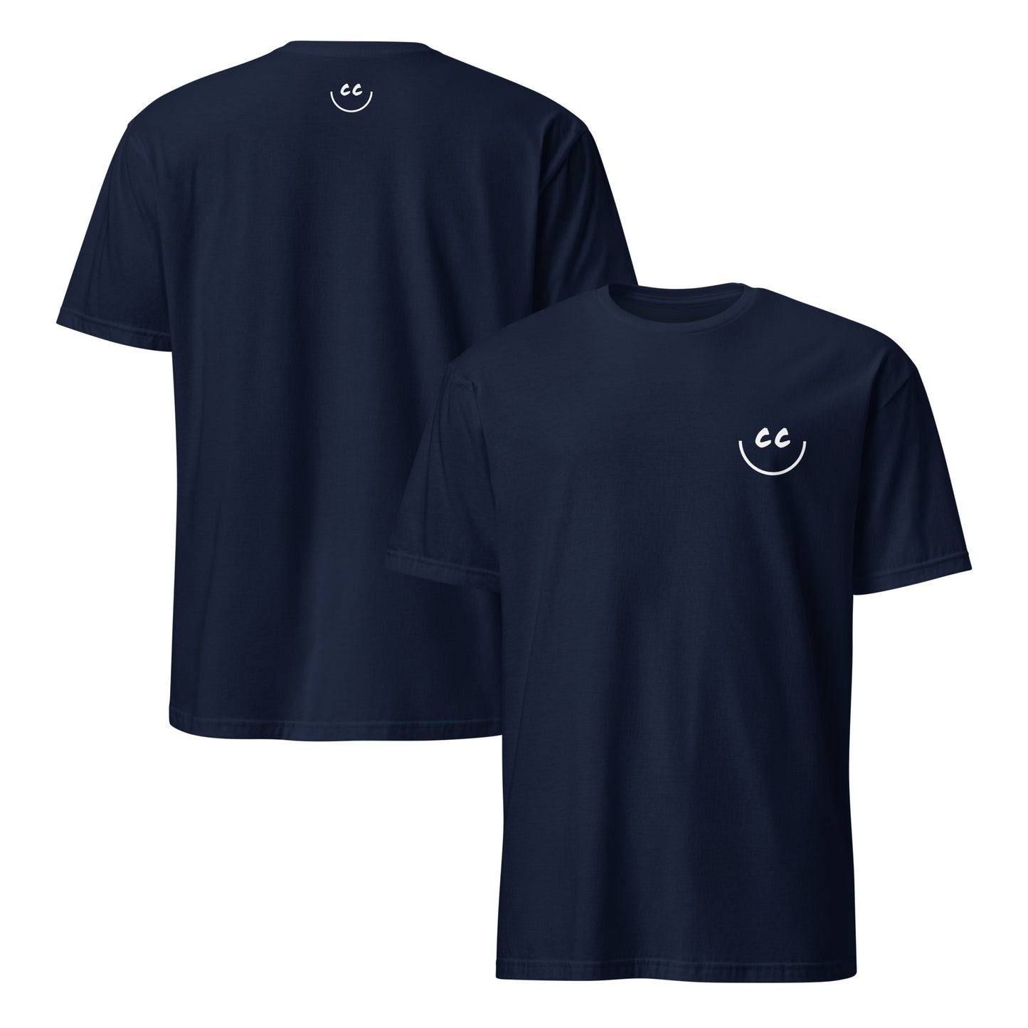 Navy t-shirt with Smile Icon in white, minimalist design on chest and back