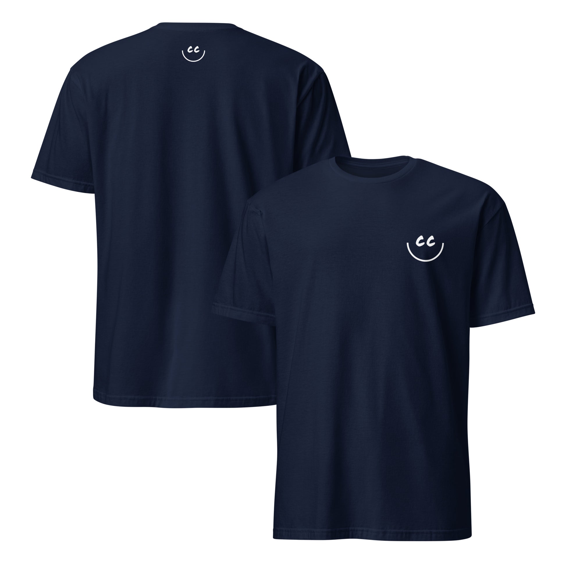 Navy t-shirt with Smile Icon in white, minimalist design on chest and back