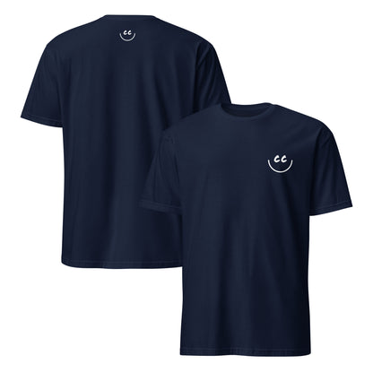 Navy t-shirt with Smile Icon in white, minimalist design on chest and back