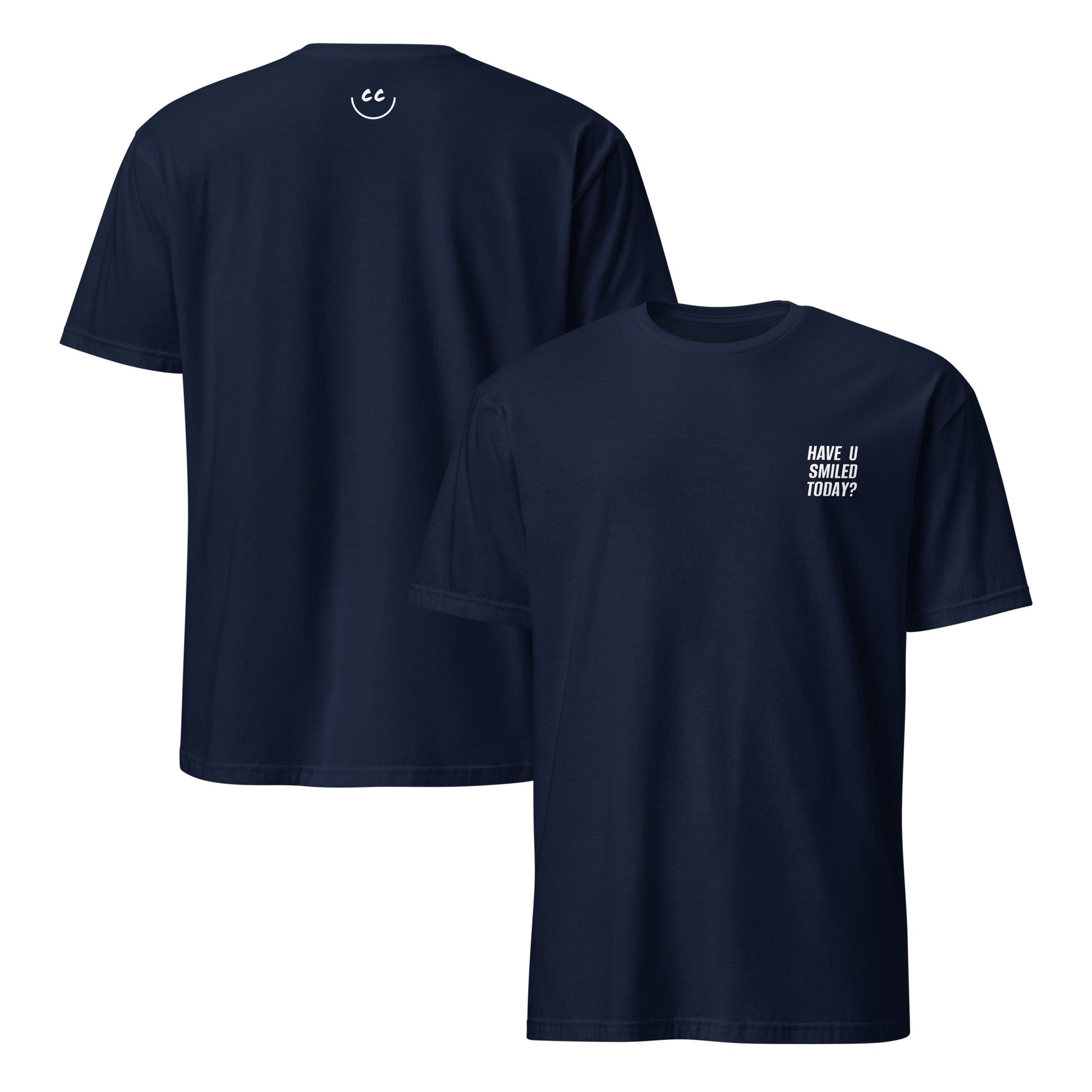Navy t-shirt with 'Have U Smiled Today?' in white text, minimalist design on chest. Smile Icon on back